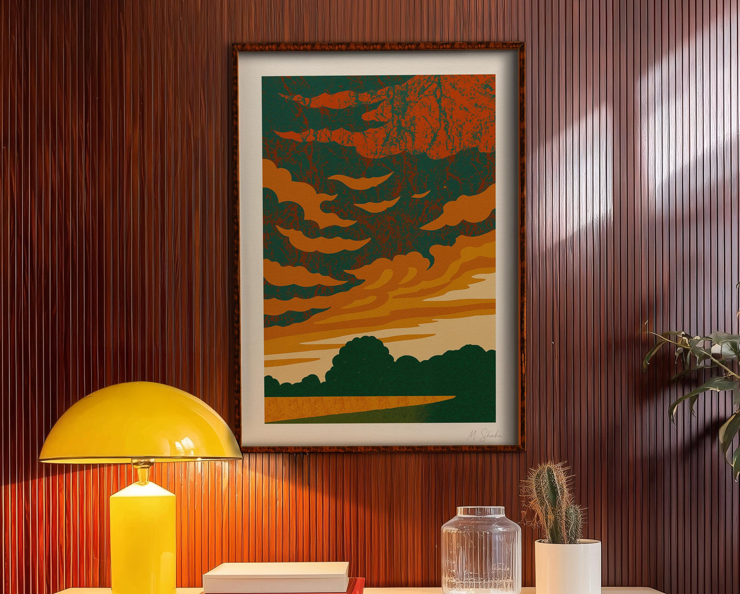 Mid-Century Modern Sunset Art Print: Amber Sky Giclée on Hahnemühle Paper
