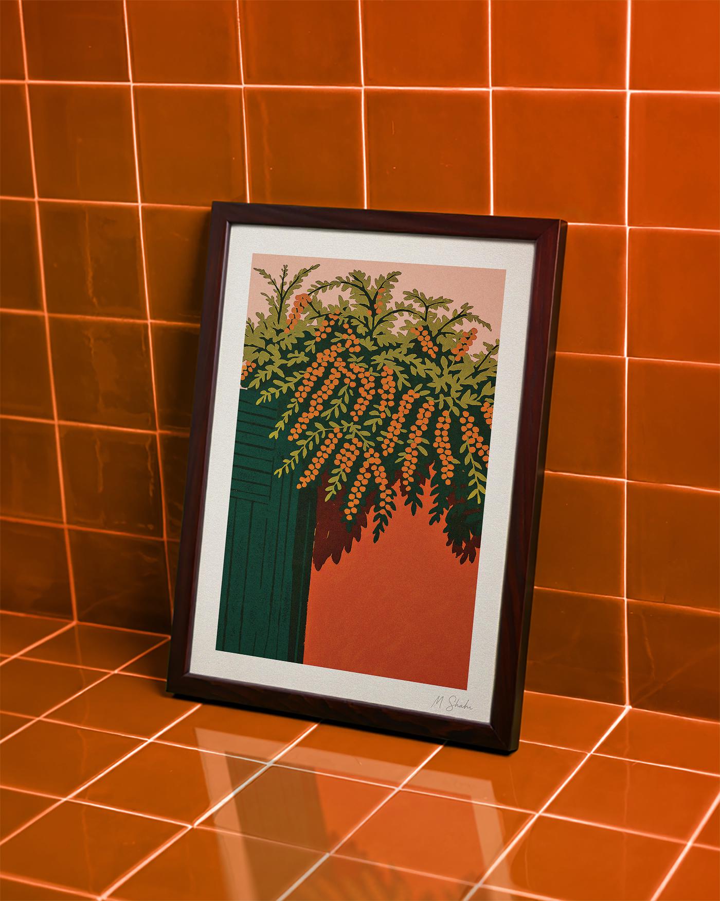 Terracotta Garden Art Print: Mid-Century Modern Giclée, Hahnemühle Paper