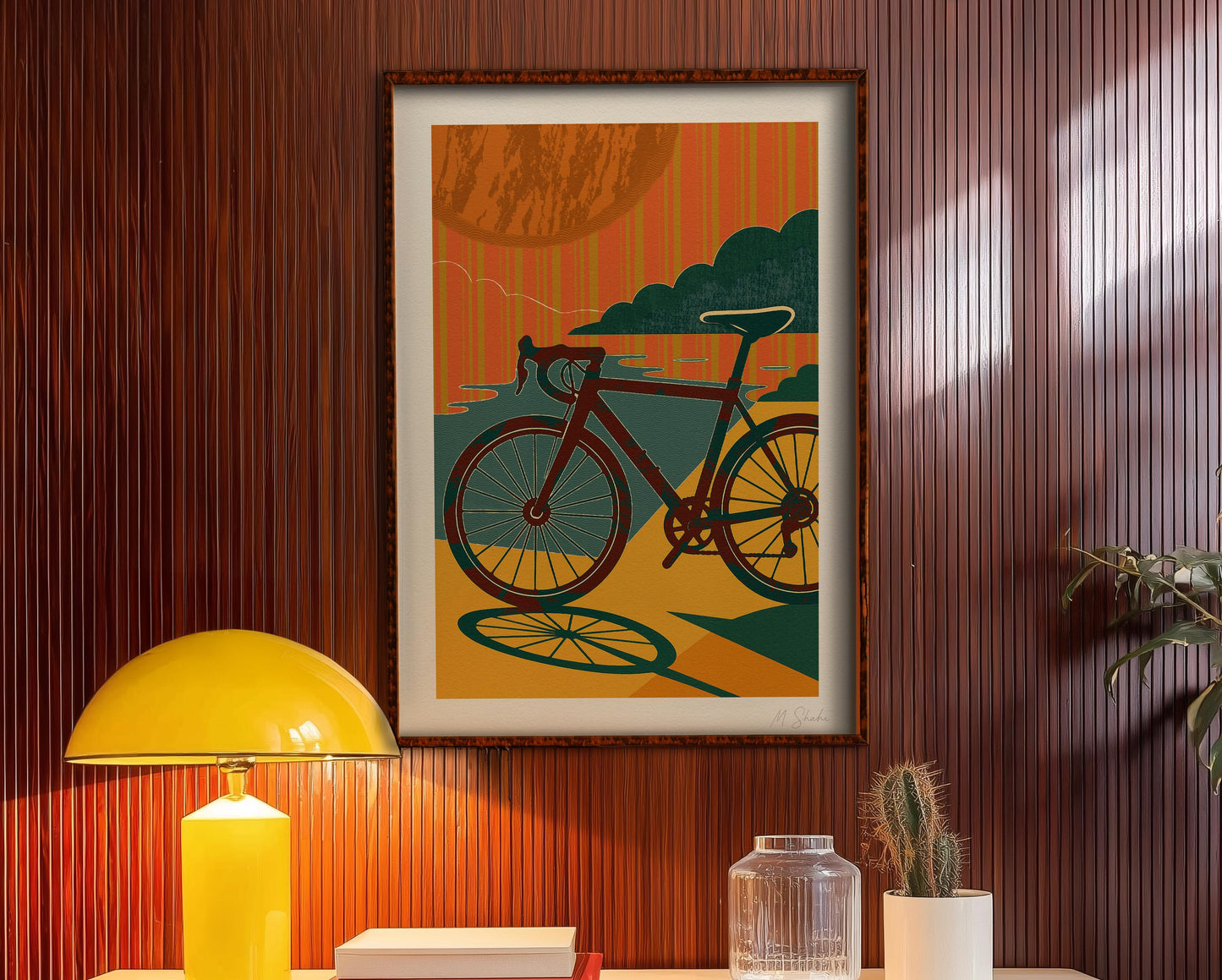 Sunset Ride Cycling Art Print: Mid-Century Modern Giclée on Hahnemühle Paper