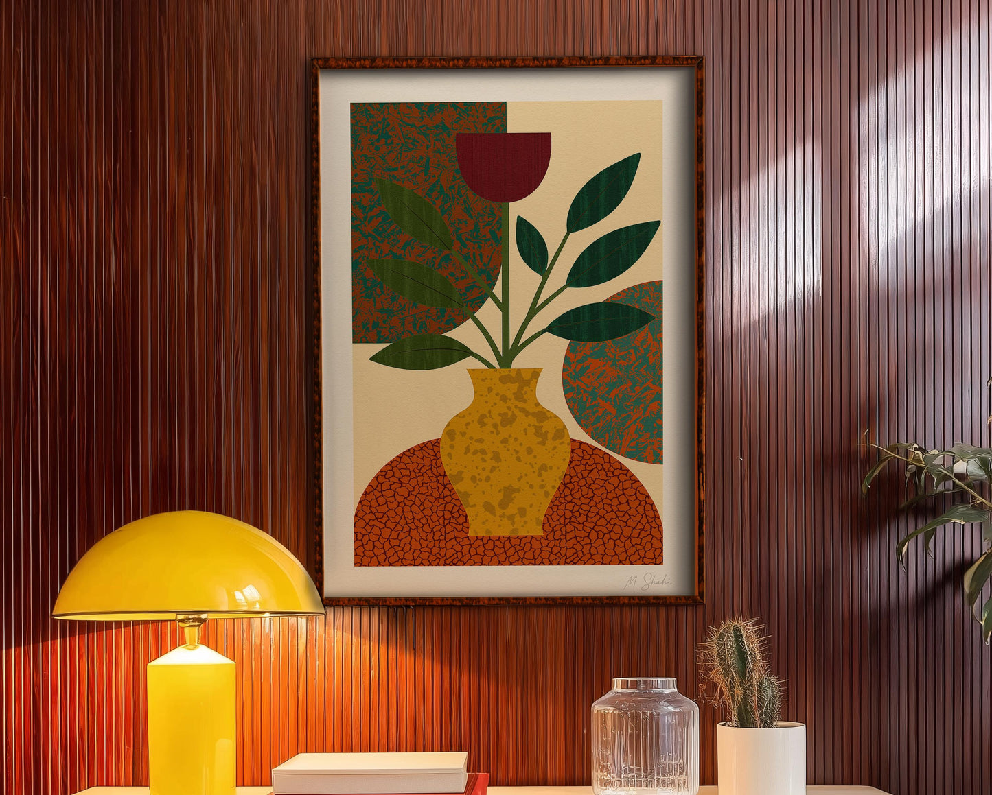 Mid-Century Modern Botanical Art Print: Golden Vase Giclée, Hahnemühle Paper