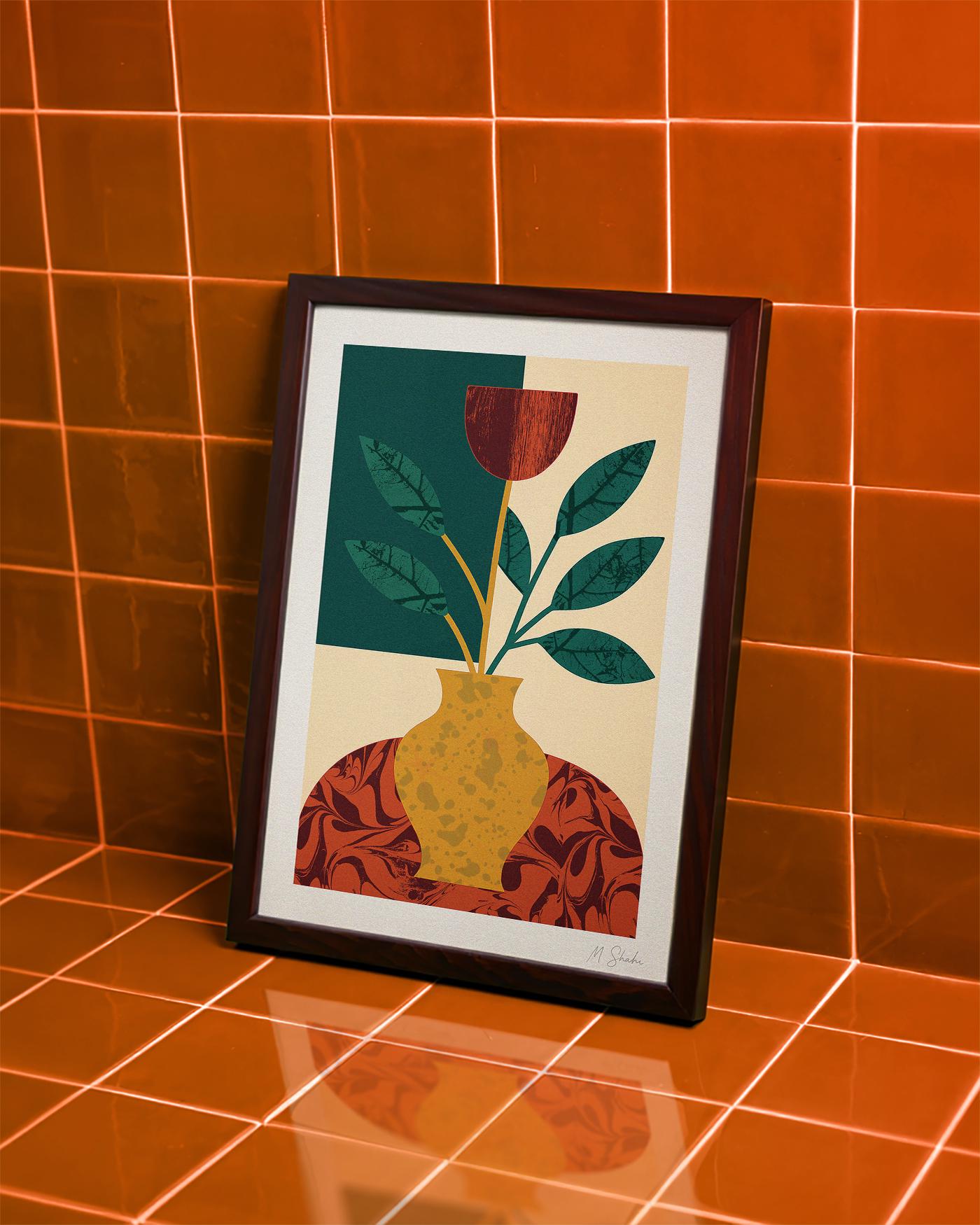 Botanical Art Print: Mid-Century Modern Golden Vase Giclée