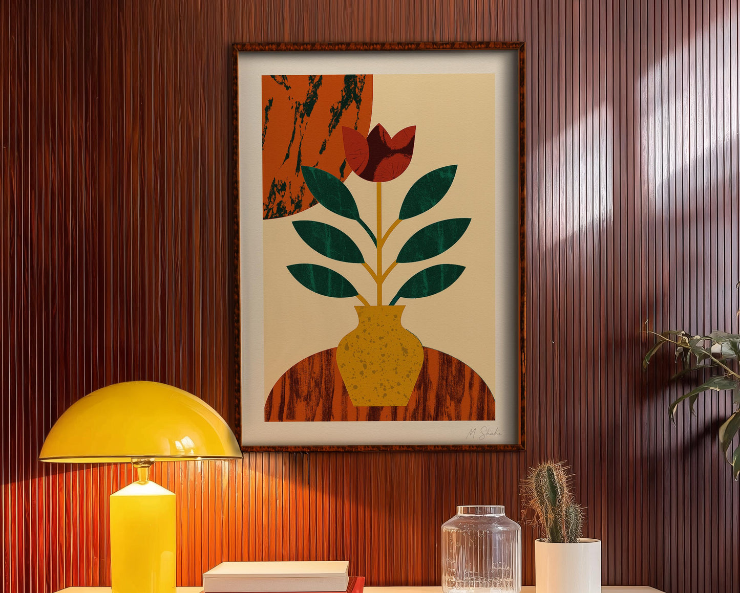 Golden Vase Art Print: Mid-Century Modern Botanical Giclée