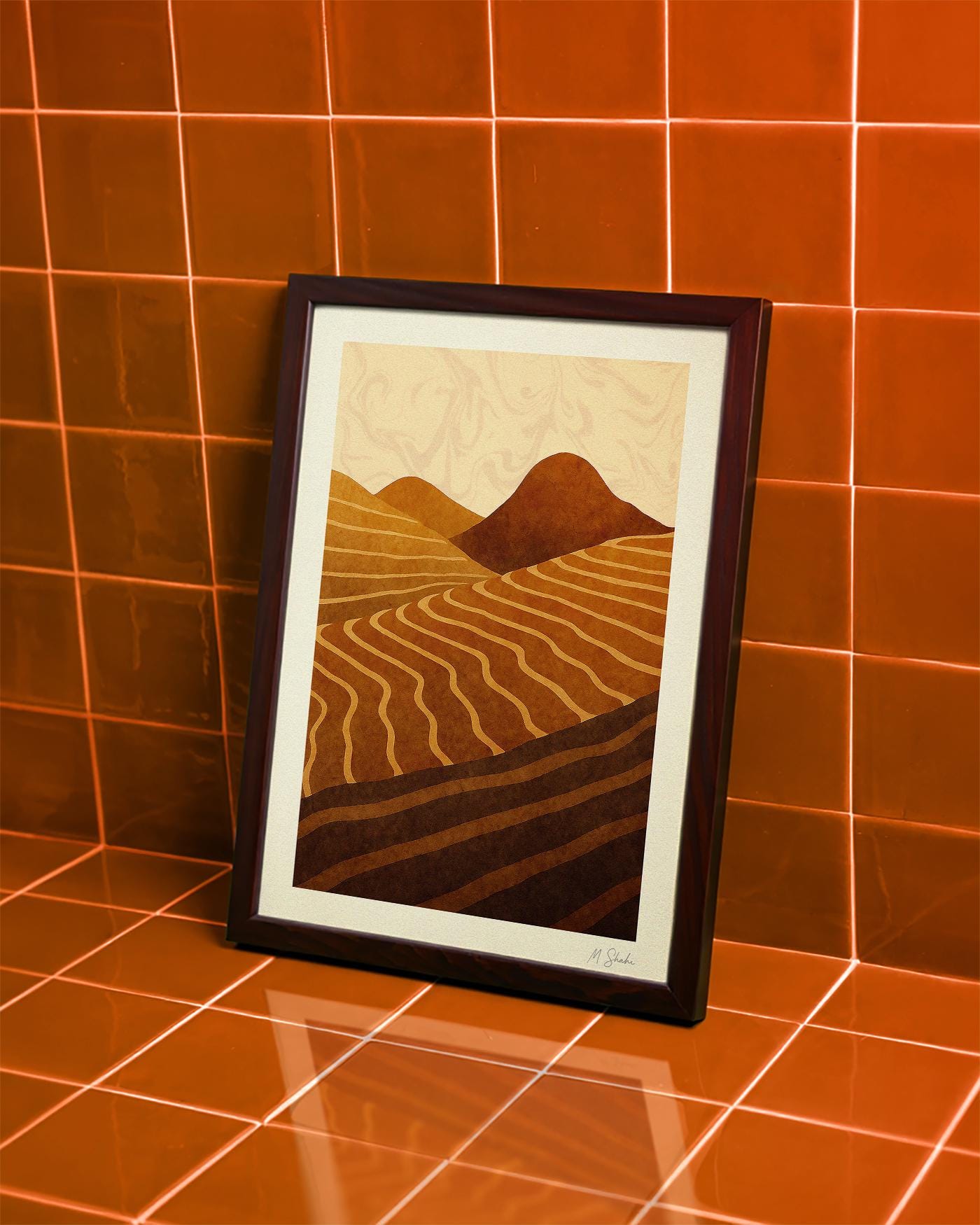 Mid-Century Abstract Landscape Print in Ochre and Sienna, Giclée Print on Hahnemühle