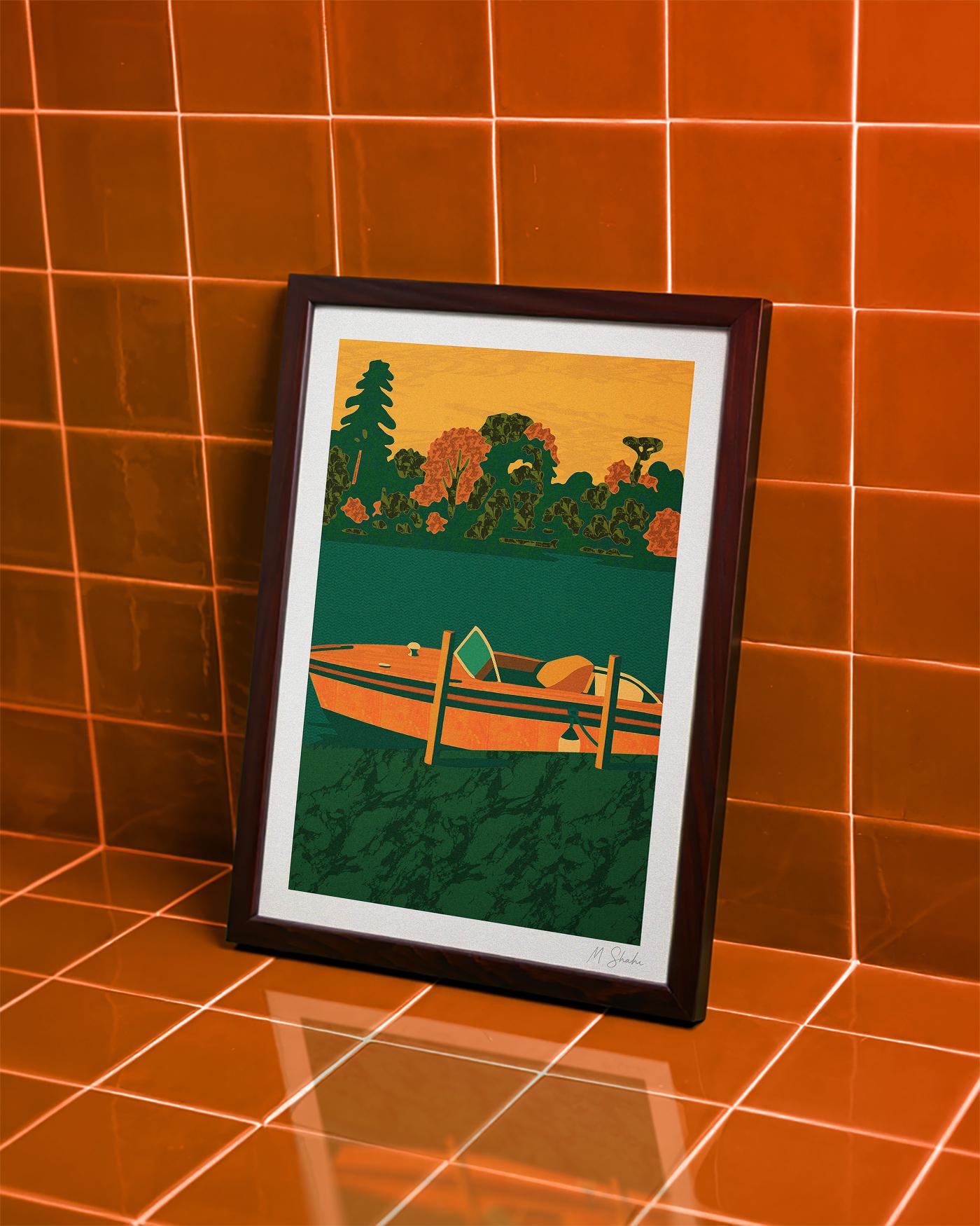 Mid-Century Modern Boat Art Print: Abstract Lake Giclée on Hahnemühle Paper