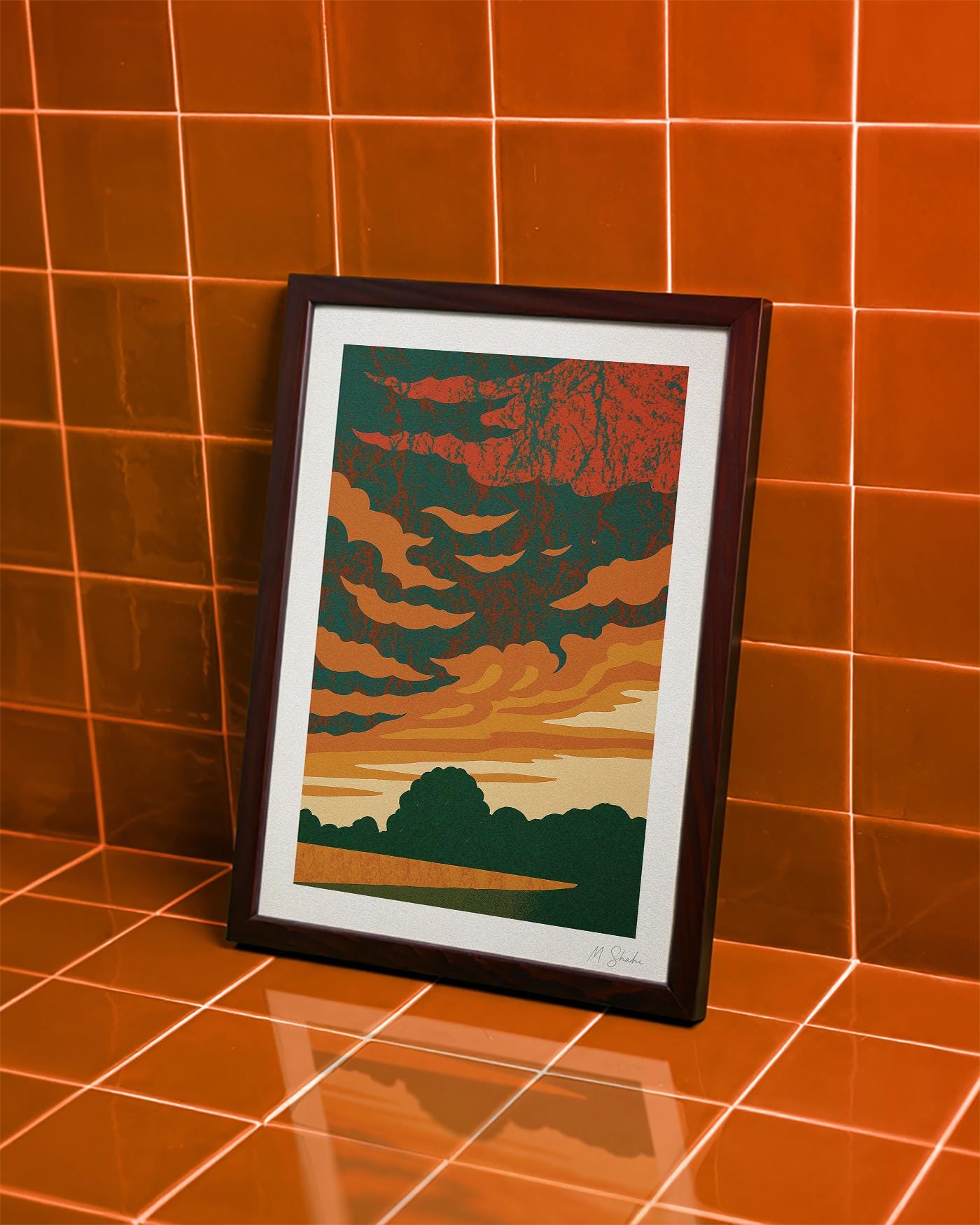 Mid-Century Modern Sunset Art Print: Amber Sky Giclée on Hahnemühle Paper