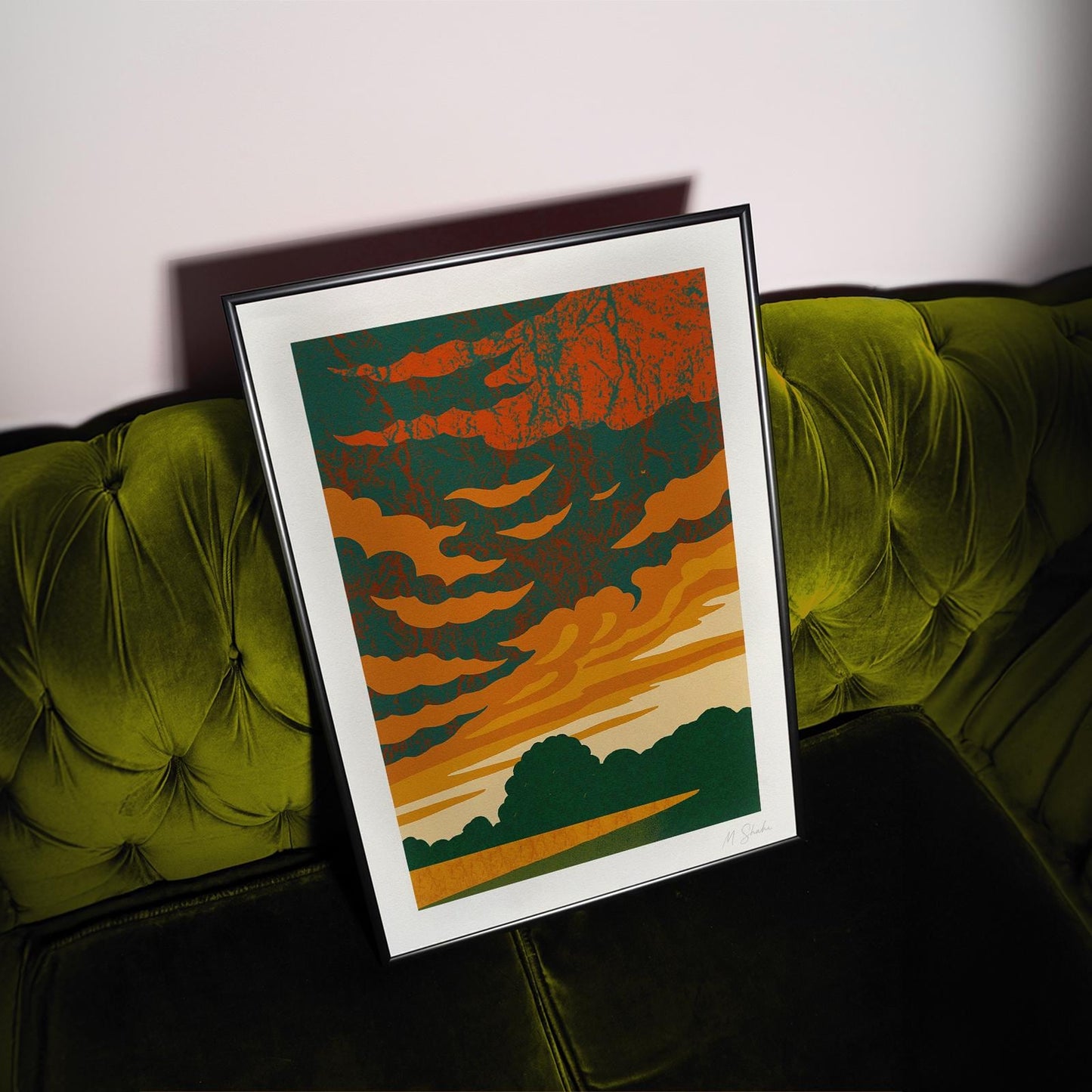 Mid-Century Modern Sunset Art Print: Amber Sky Giclée on Hahnemühle Paper