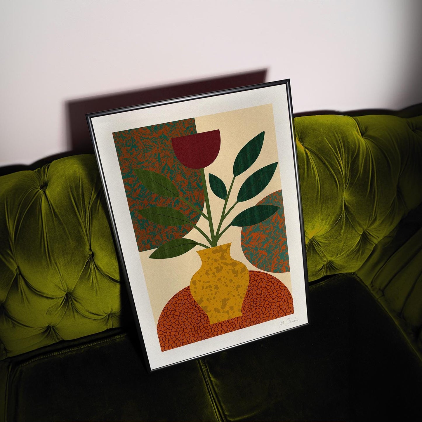 Mid-Century Modern Botanical Art Print: Golden Vase Giclée, Hahnemühle Paper