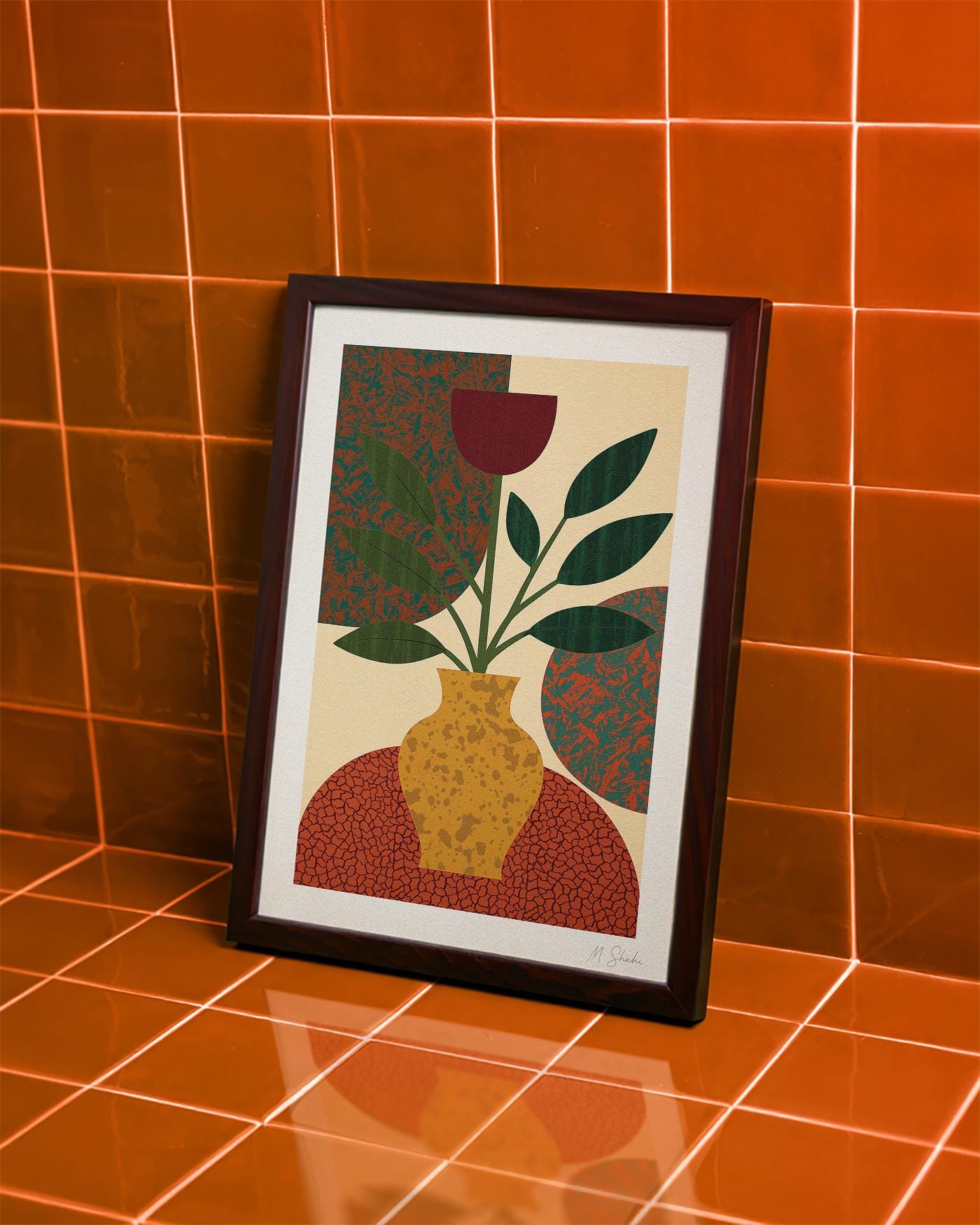 Mid-Century Modern Botanical Art Print: Golden Vase Giclée, Hahnemühle Paper