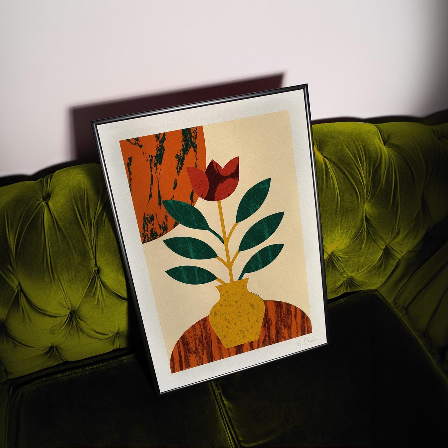 Golden Vase Art Print: Mid-Century Modern Botanical Giclée
