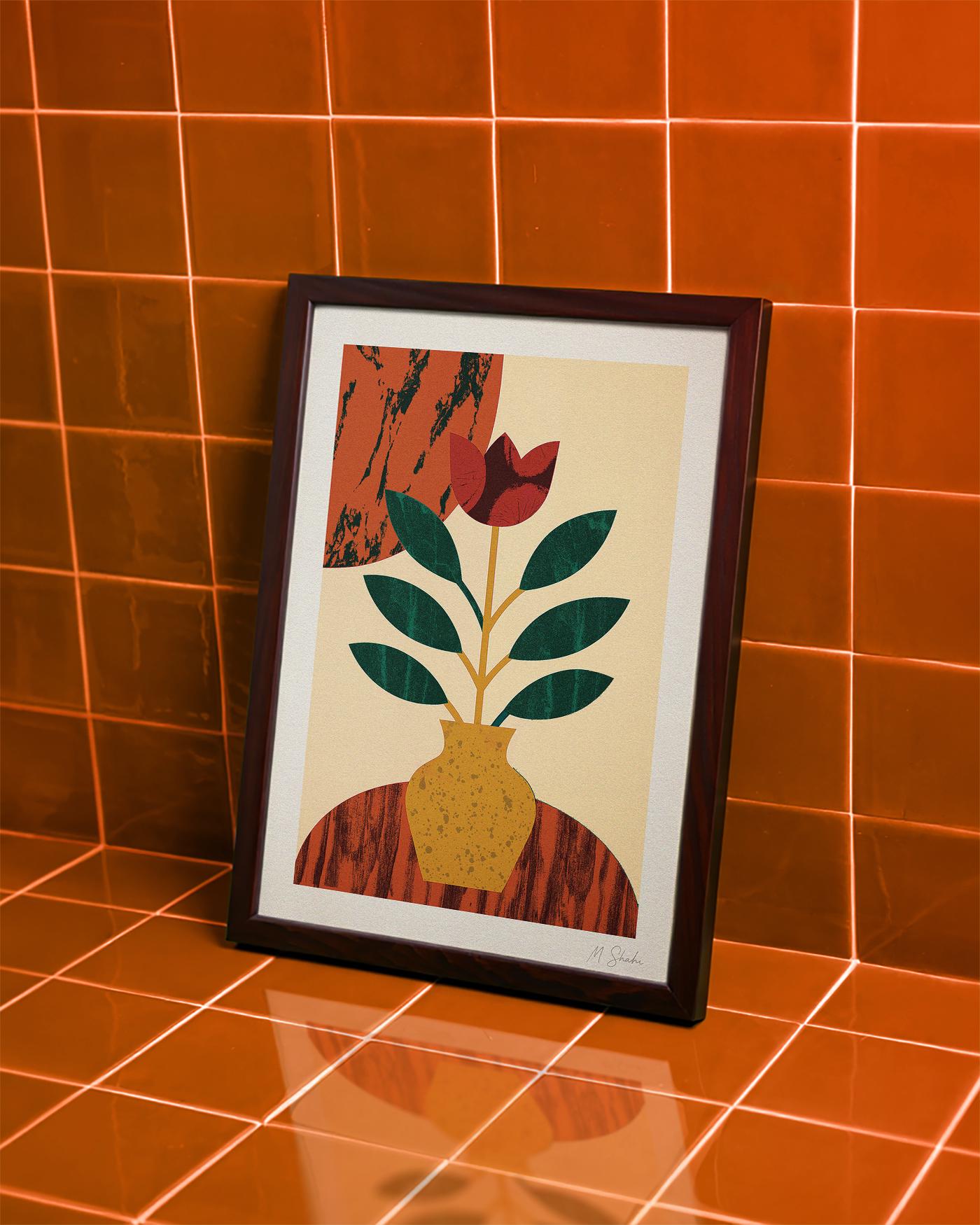 Golden Vase Art Print: Mid-Century Modern Botanical Giclée