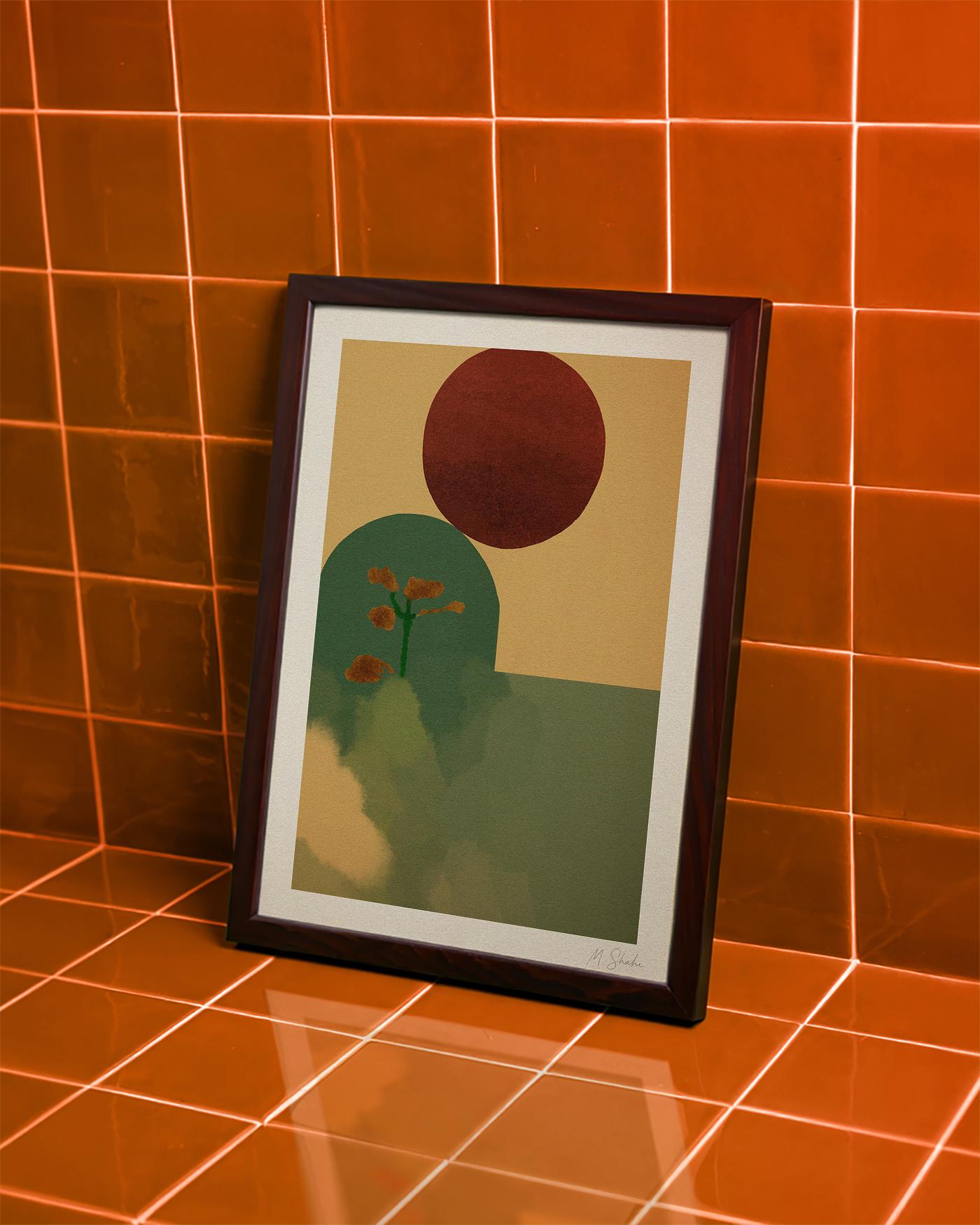 Mid-Century Landscape Wall Art Print: Sad Flower, in Rust, Sage and Ochre, Giclée Print
