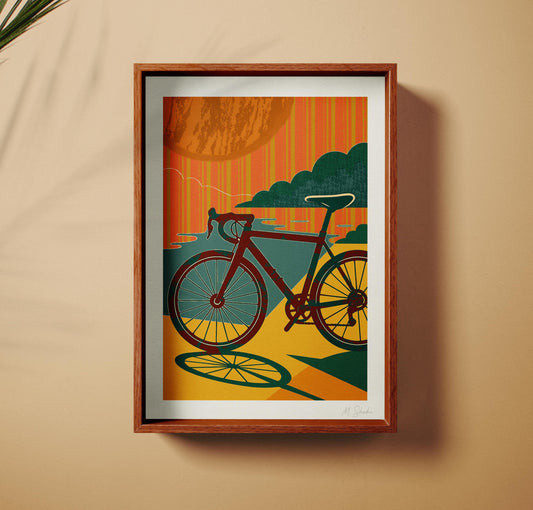 Sunset Ride Cycling Art Print: Mid-Century Modern Giclée on Hahnemühle Paper