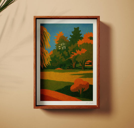 Golden Grove Art Print: Mid-Century Modern Landscape on Hahnemühle Paper