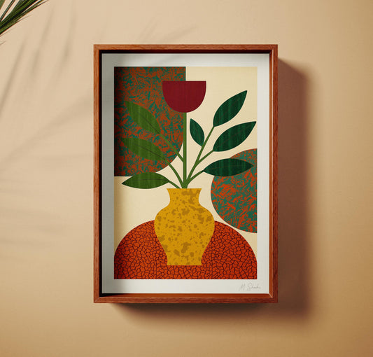 Mid-Century Modern Botanical Art Print: Golden Vase Giclée, Hahnemühle Paper