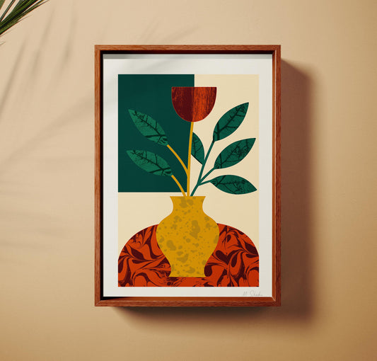 Botanical Art Print: Mid-Century Modern Golden Vase Giclée