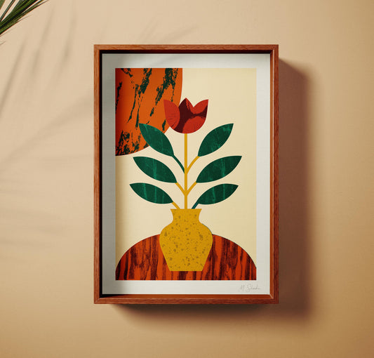 Golden Vase Art Print: Mid-Century Modern Botanical Giclée