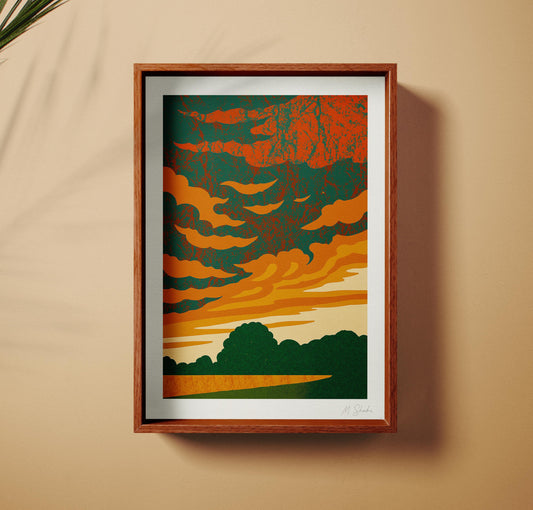 Mid-Century Modern Sunset Art Print: Amber Sky Giclée on Hahnemühle Paper