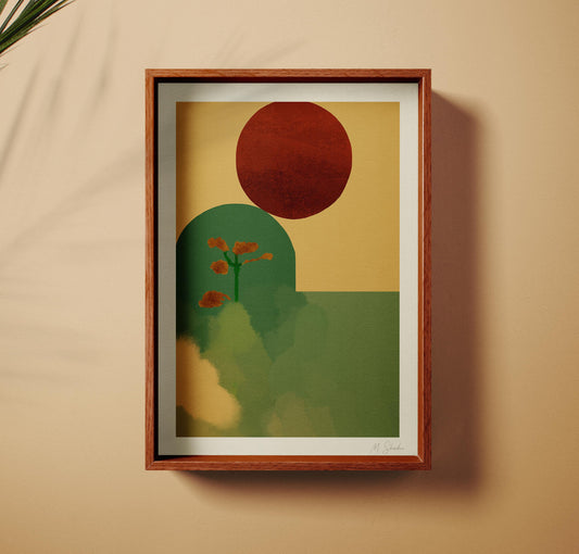 Mid-Century Landscape Wall Art Print: Sad Flower, in Rust, Sage and Ochre, Giclée Print